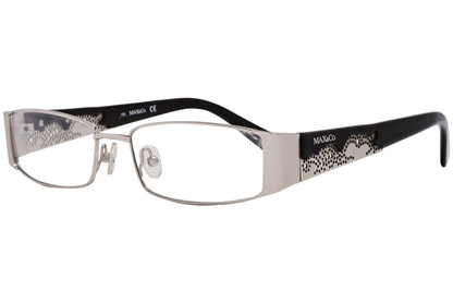 max&co rectangle silver with black eyeglasses frame viewed from a 45-degree angle.