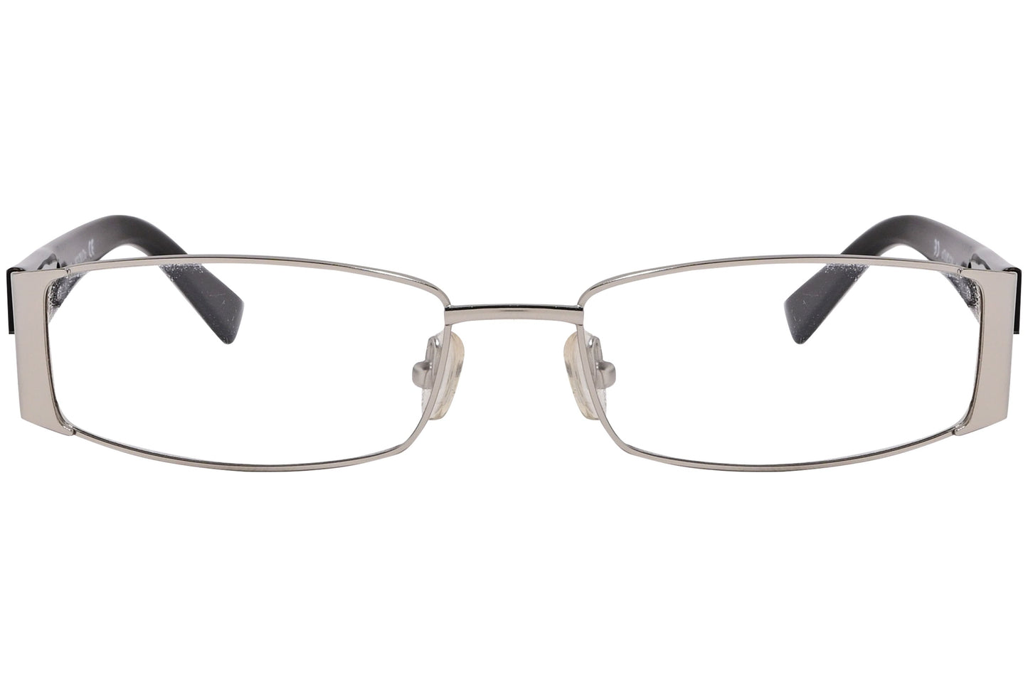 max&co rectangle silver with black eyeglasses frame viewed from front angle.