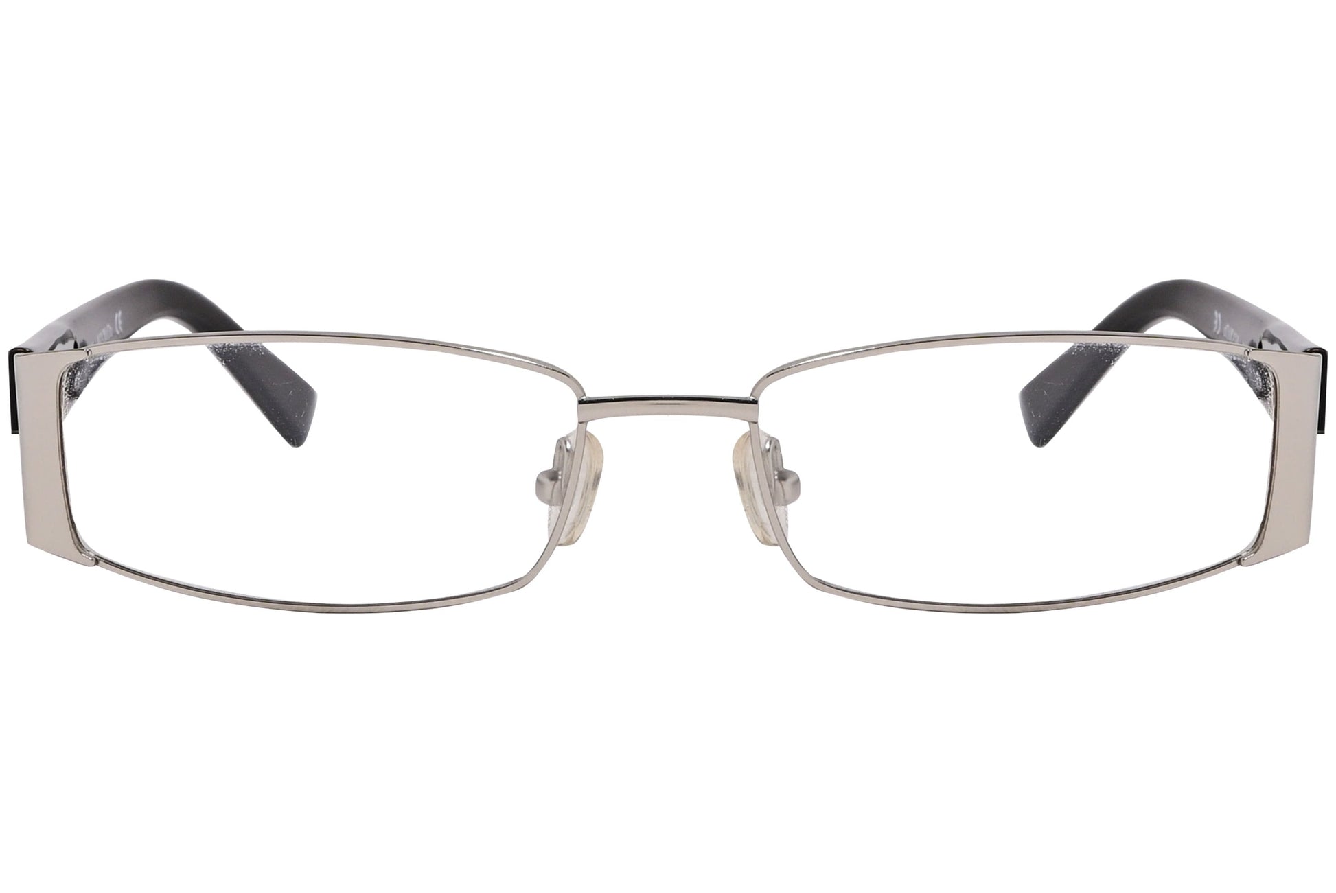 max&co rectangle silver with black eyeglasses frame viewed from front angle.