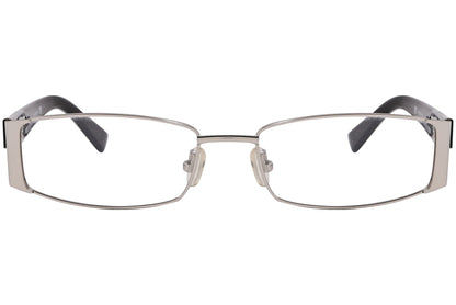 max&co rectangle silver with black eyeglasses frame viewed from front angle.