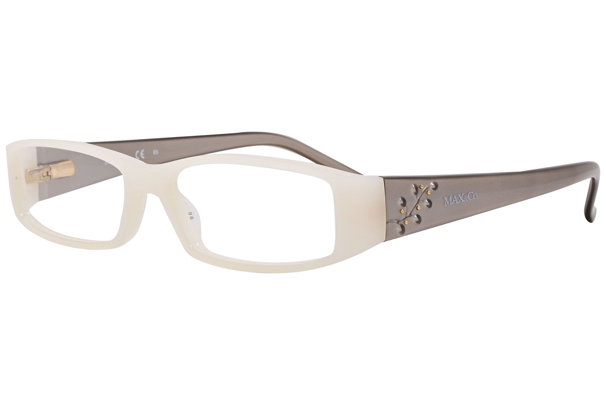 max&co rectangle white and gray eyeglasses frame viewed from a 45-degree angle.