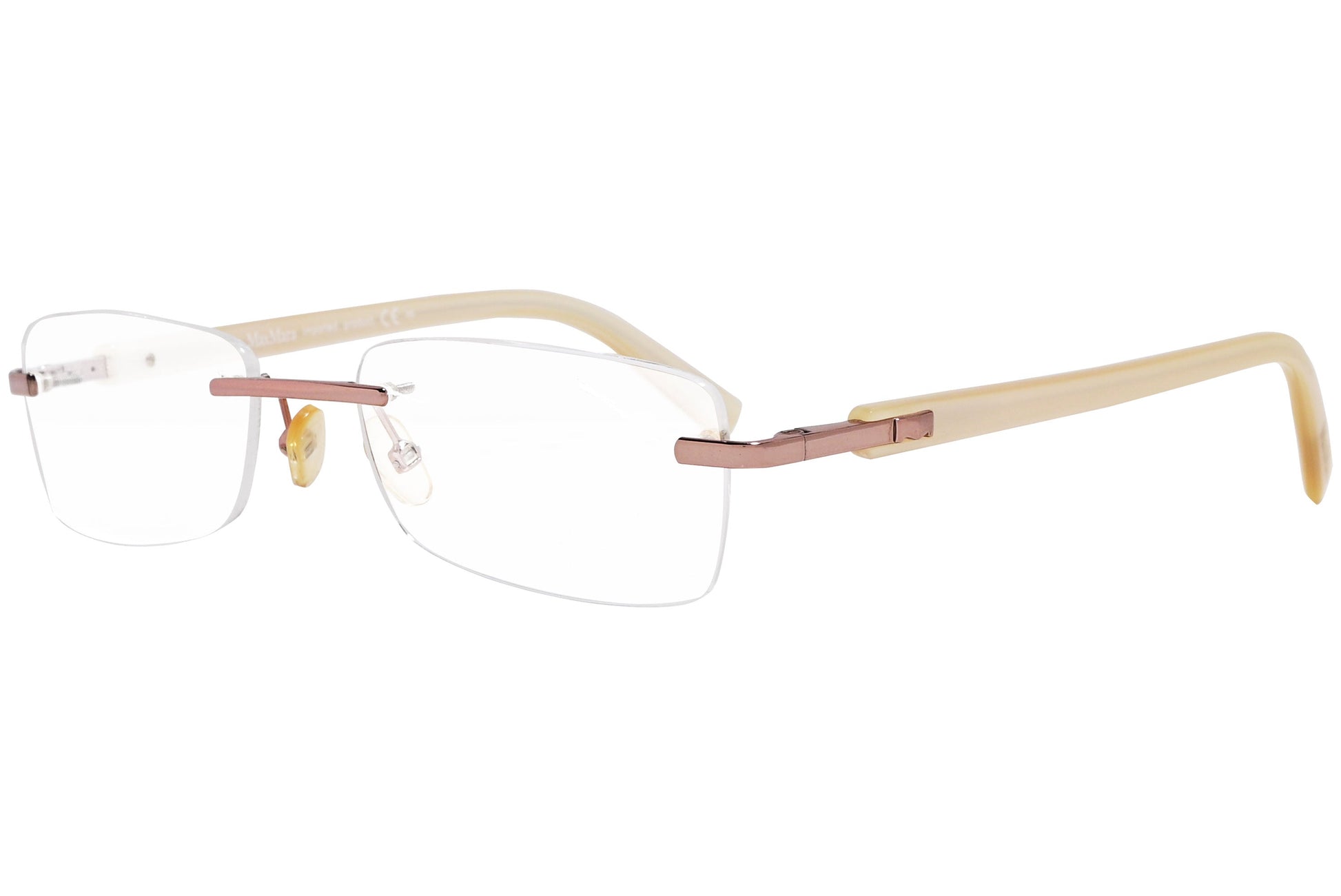 max mara rimless pink eyeglasses frame viewed from a 45-degree angle.