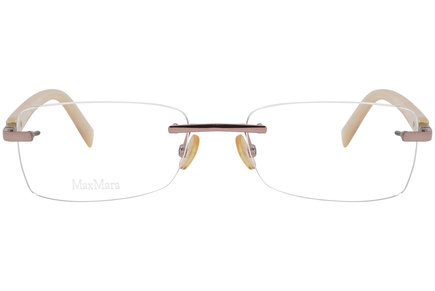 max mara rimless pink eyeglasses frame viewed from front angle.