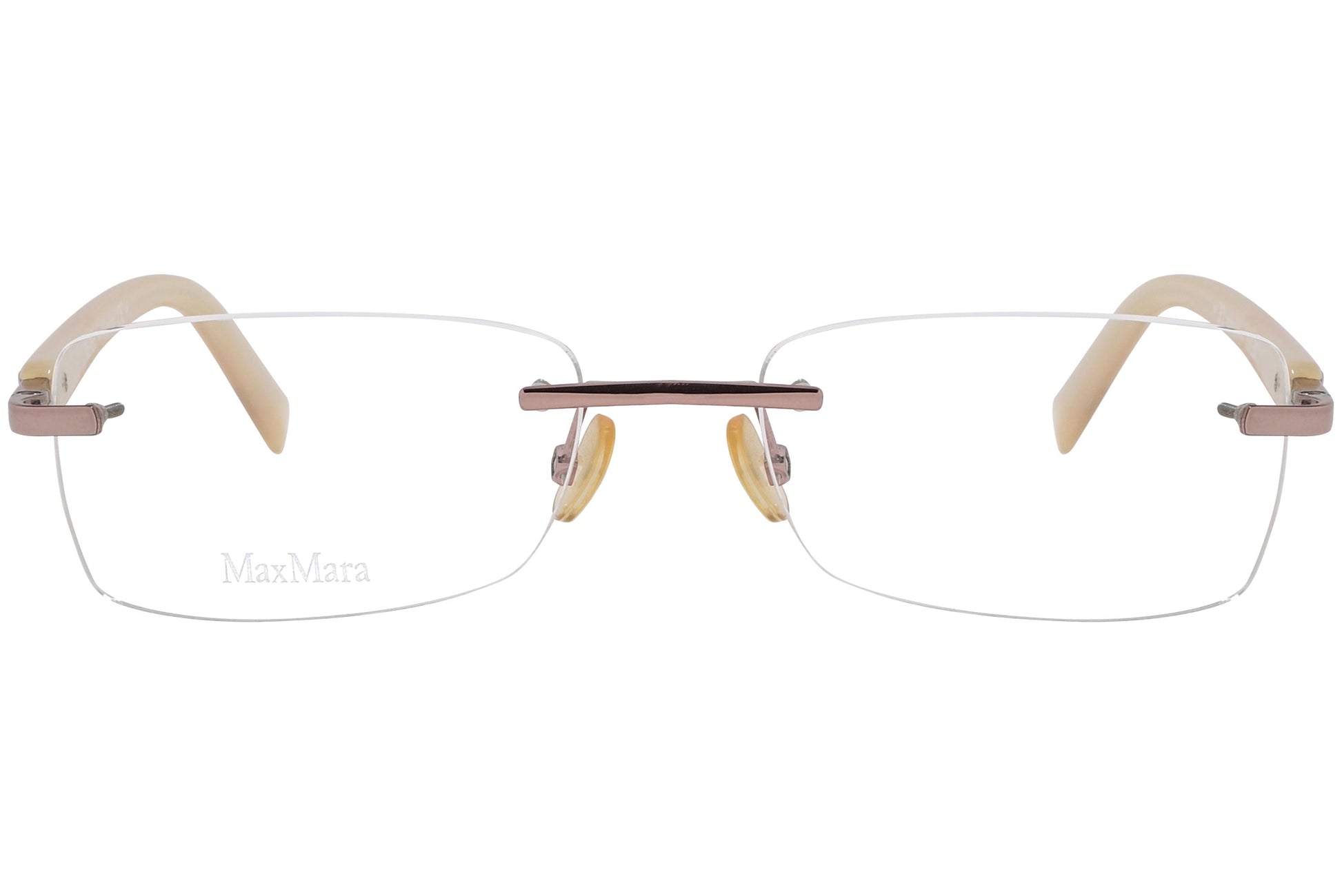 max mara rimless pink eyeglasses frame viewed from front angle.