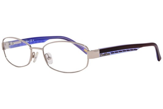 max mara rectangle silver and blue eyeglasses frame viewed from a 45-degree angle.