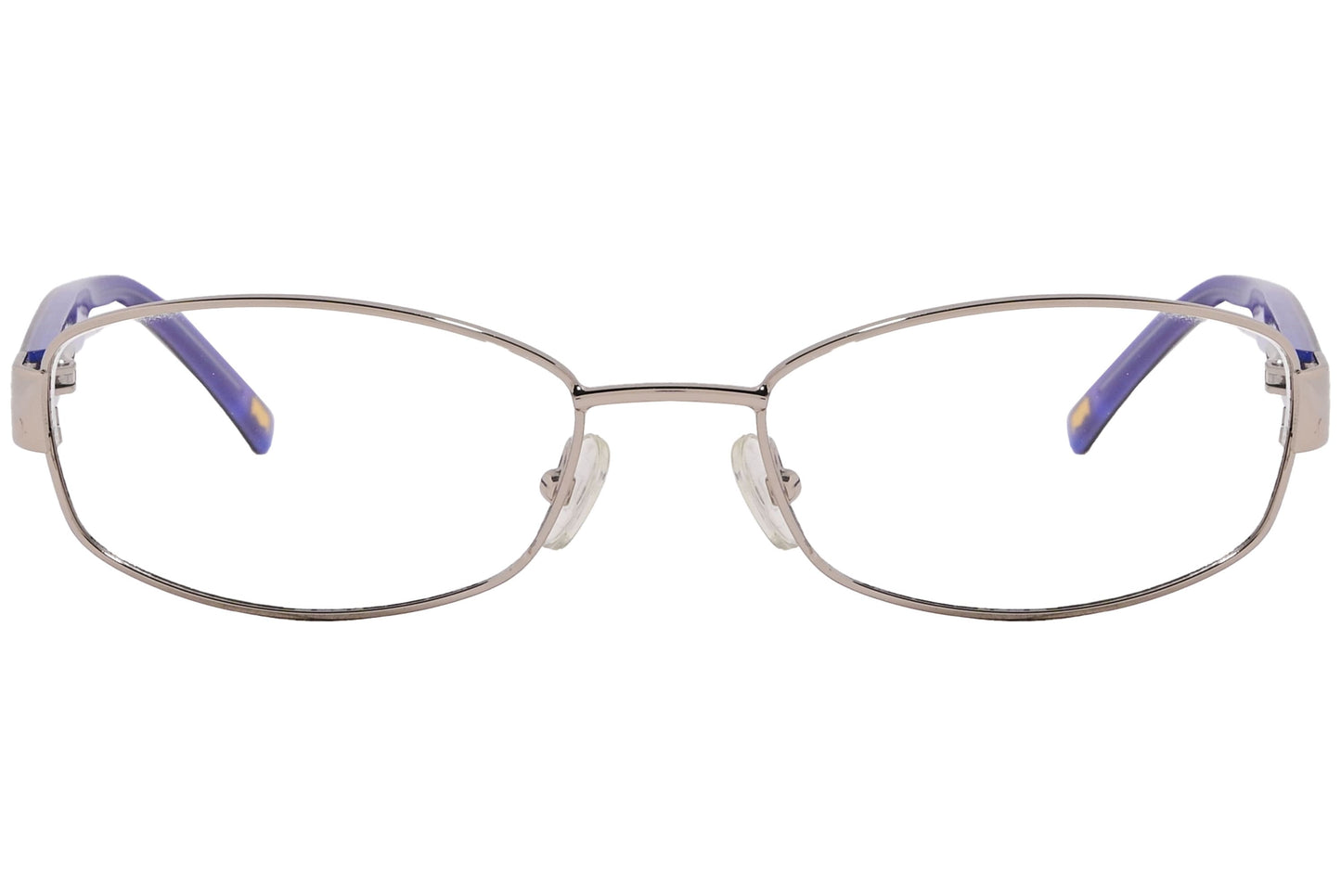 max mara rectangle silver and blue eyeglasses frame viewed from front angle.