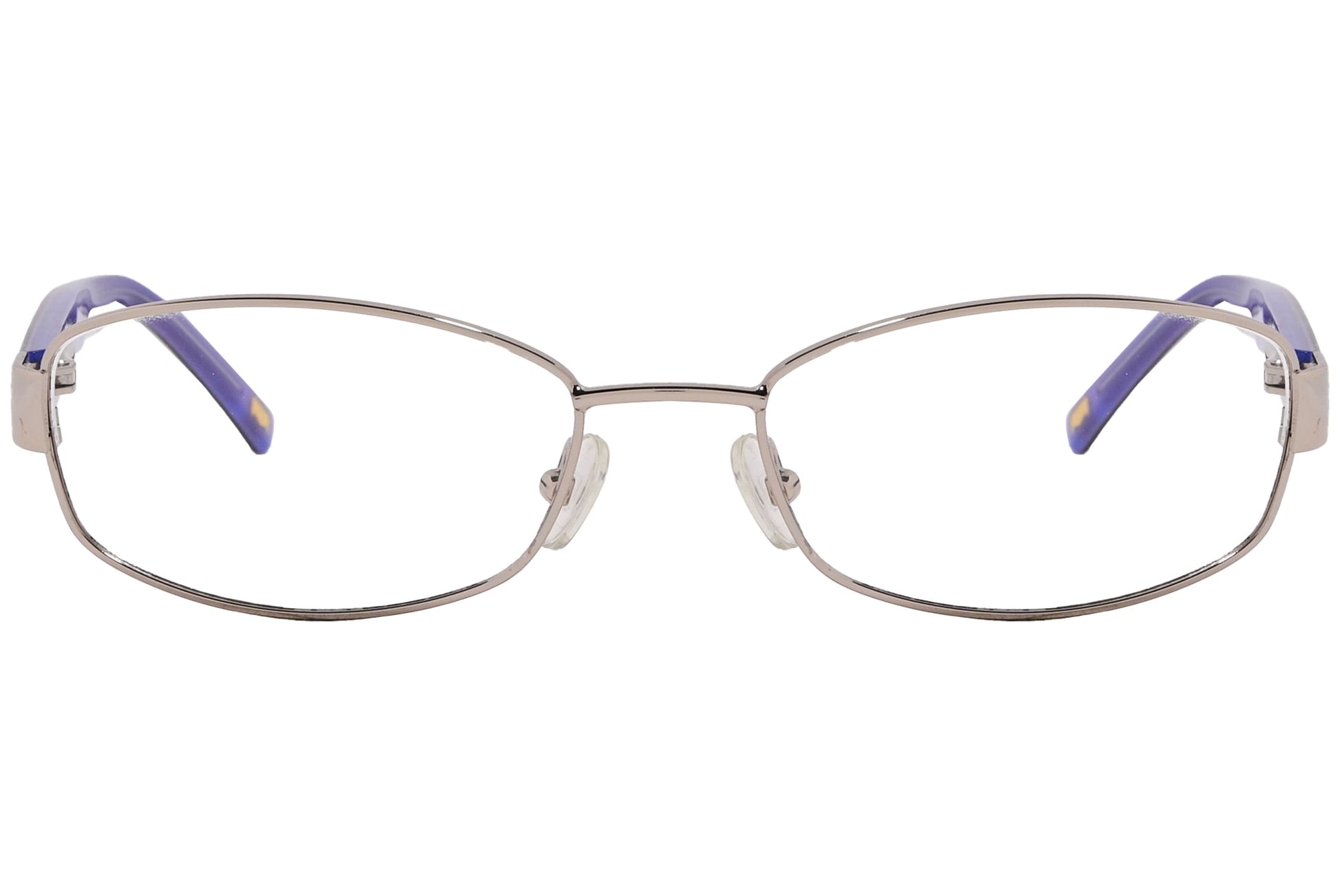 max mara rectangle silver and blue eyeglasses frame viewed from front angle.