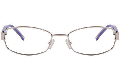 max mara rectangle silver and blue eyeglasses frame viewed from front angle.