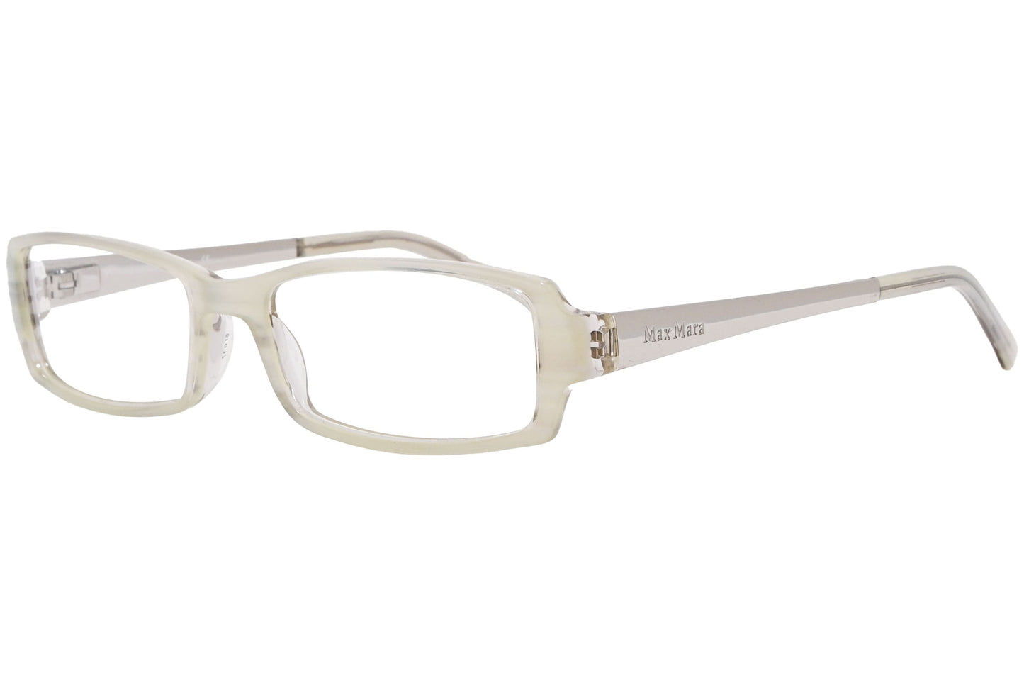 max mara rectangle white eyeglasses frame viewed from a 45-degree angle.