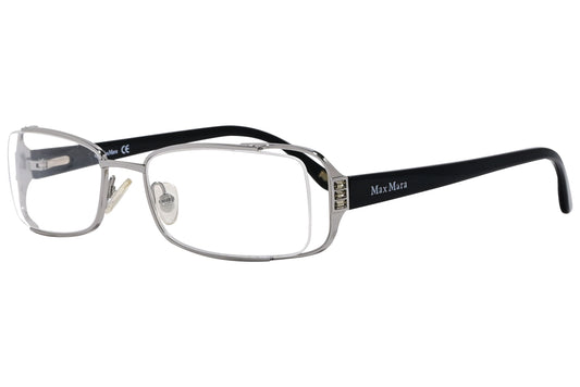 max mara rectangle silver and black eyeglasses frame viewed from a 45-degree angle.