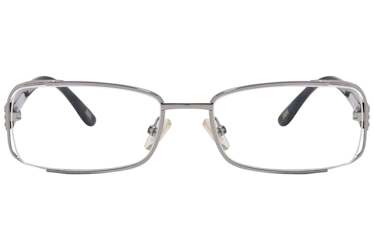 max mara rectangle silver and black eyeglasses frame viewed from front angle.