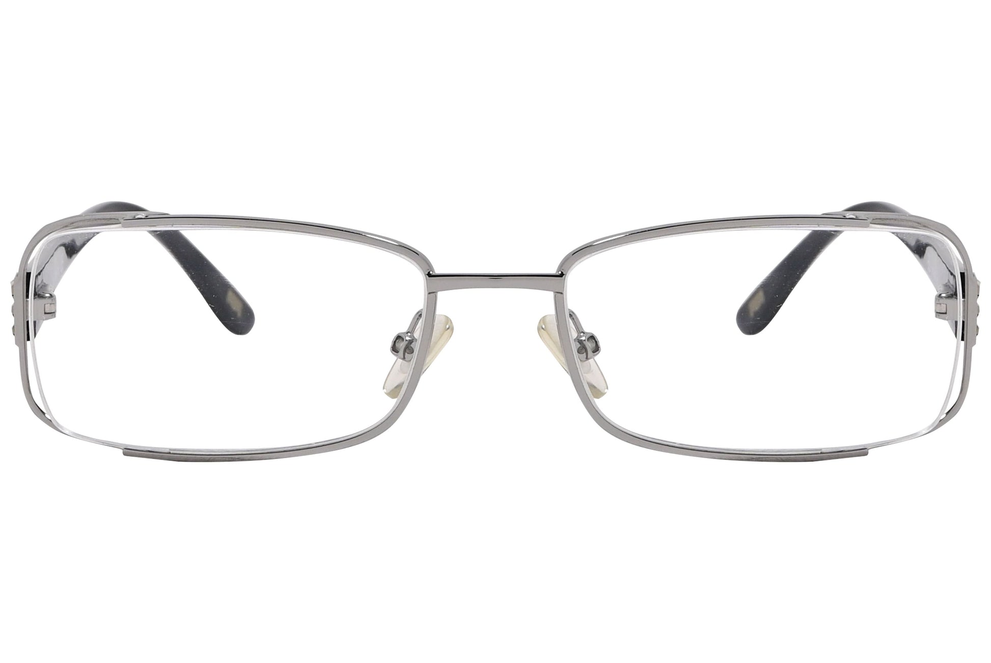 max mara rectangle silver and black eyeglasses frame viewed from front angle.