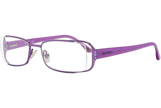 max mara rectangle purple eyeglasses frame viewed from a 45-degree angle.