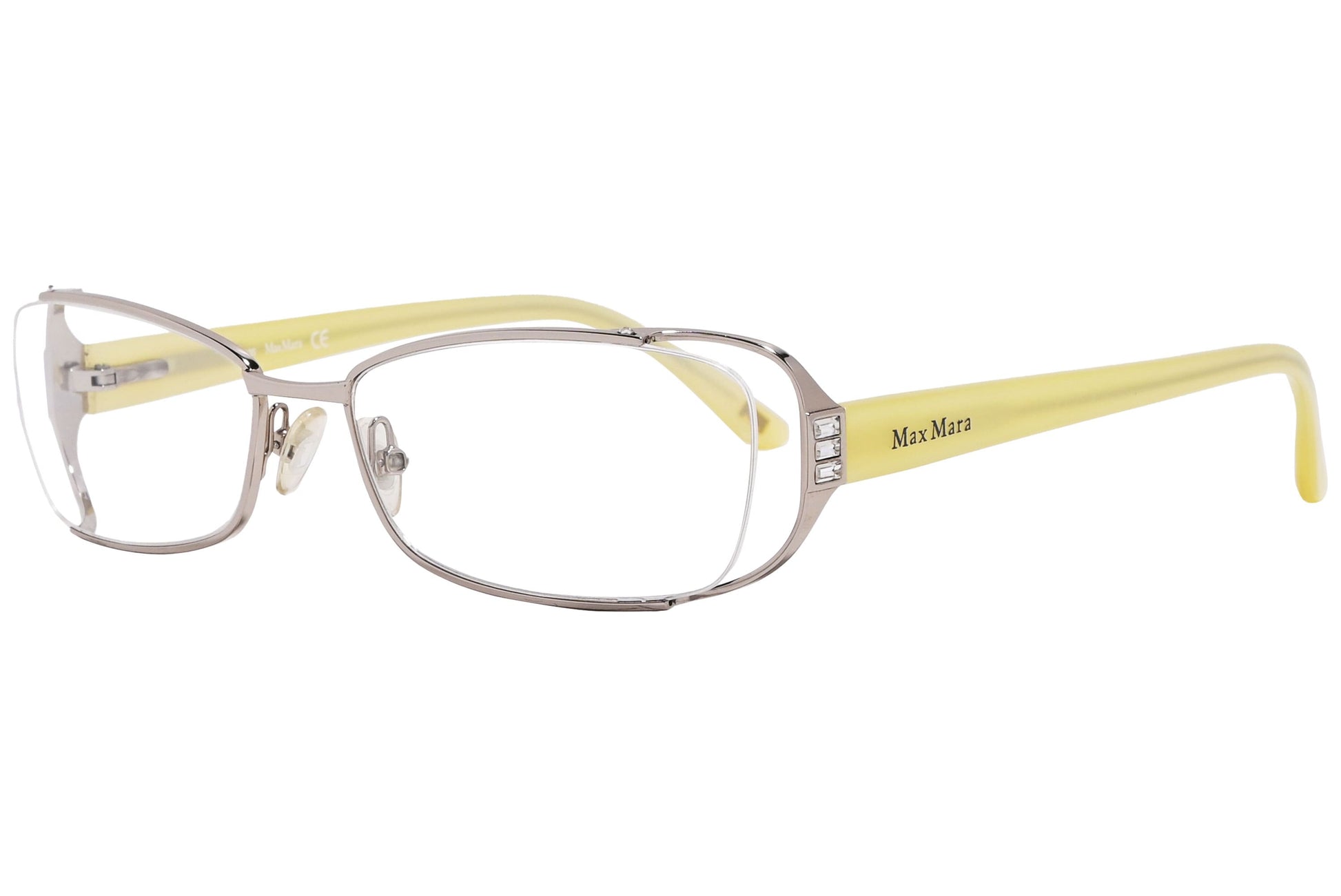 max mara rectangle yellow eyeglasses frame viewed from a 45-degree angle.