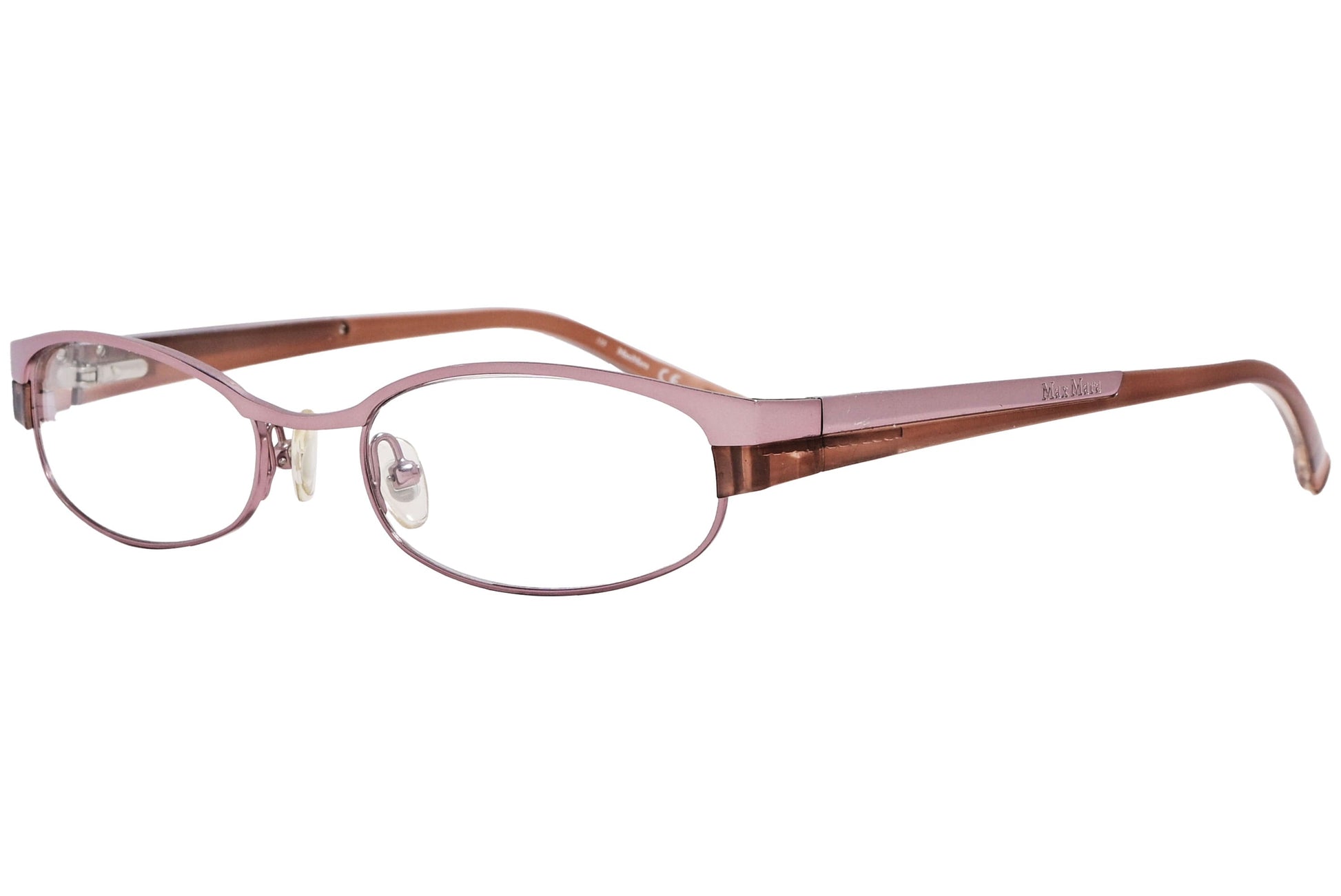 max mara oval brown eyeglasses frame viewed from a 45-degree angle.