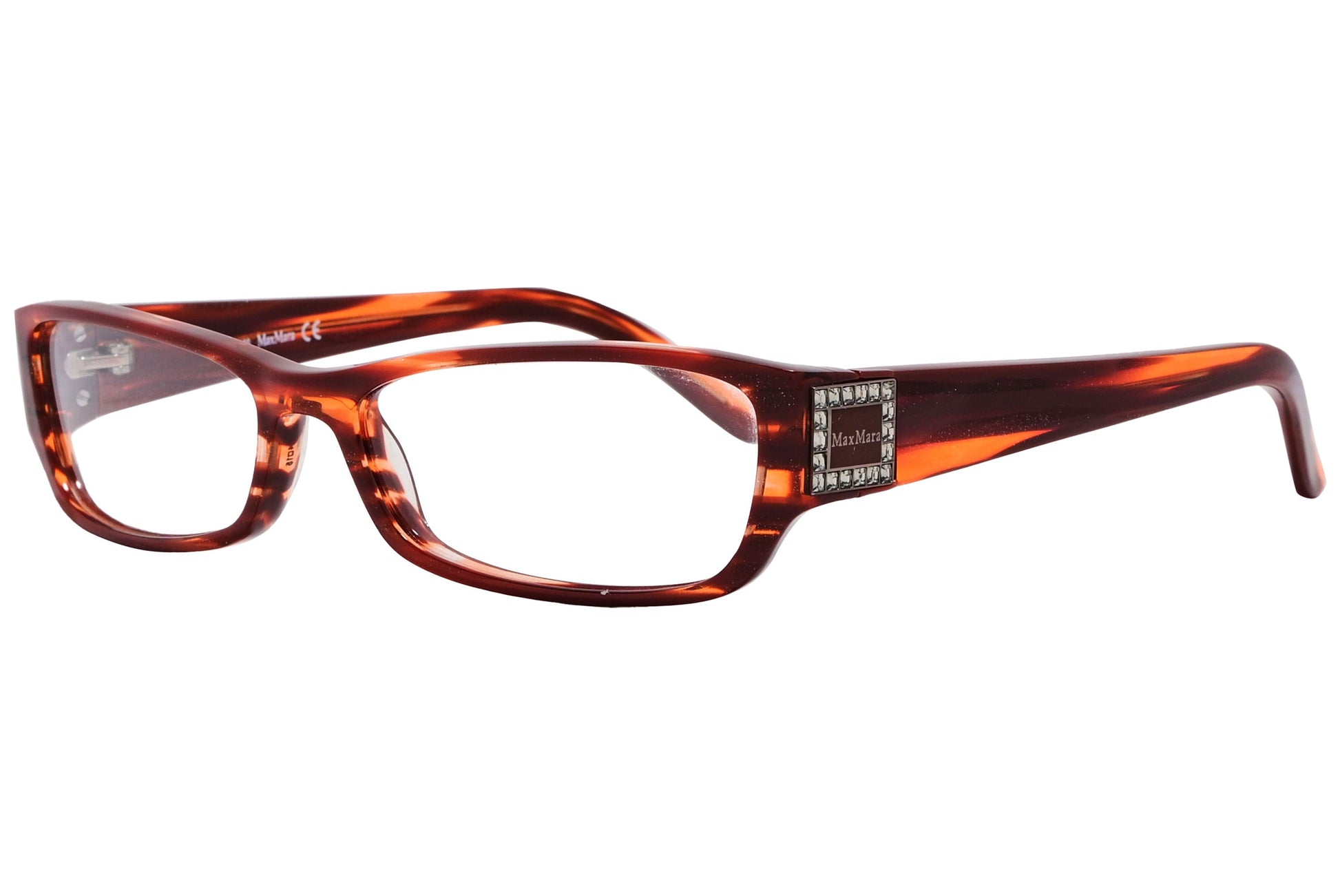 max mara rectangle brown eyeglasses frame viewed from a 45-degree angle.