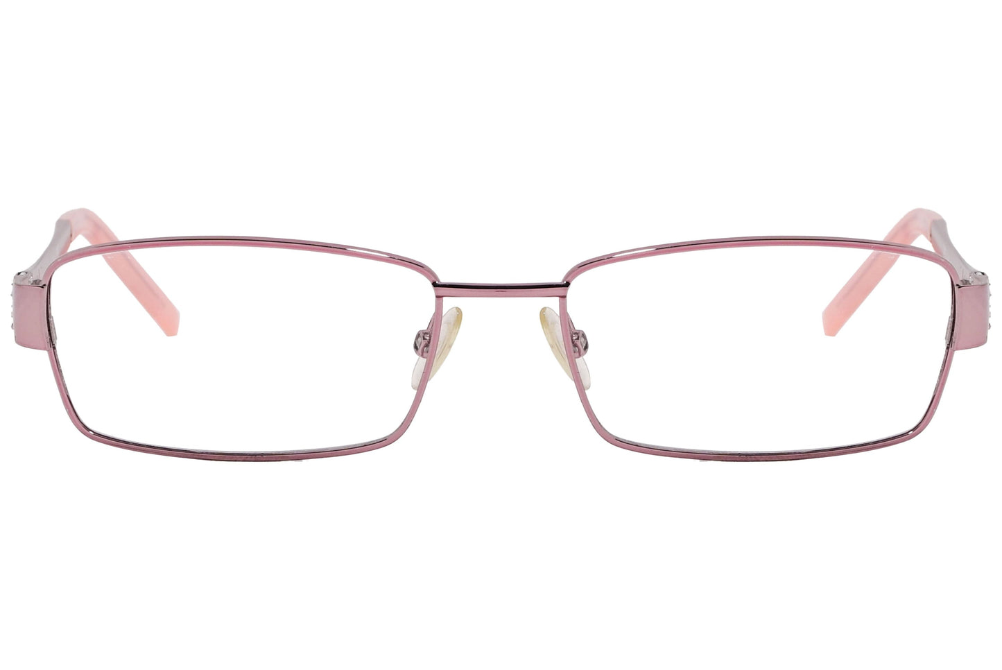 max mara rectangle pink eyeglasses frame viewed from front angle.