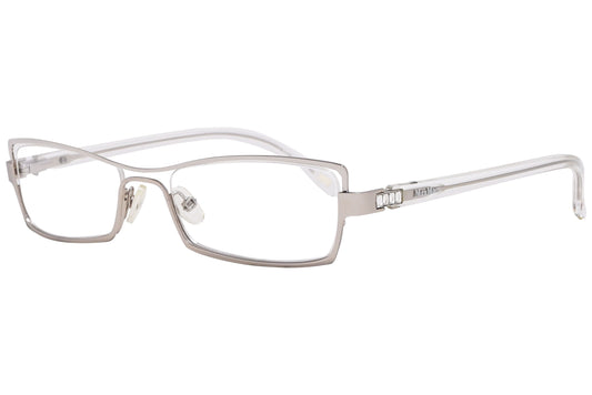 max mara rectangle silver and white eyeglasses frame viewed from a 45-degree angle.