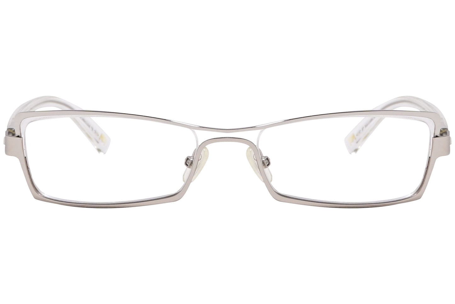 max mara rectangle silver and white eyeglasses frame viewed from front angle.