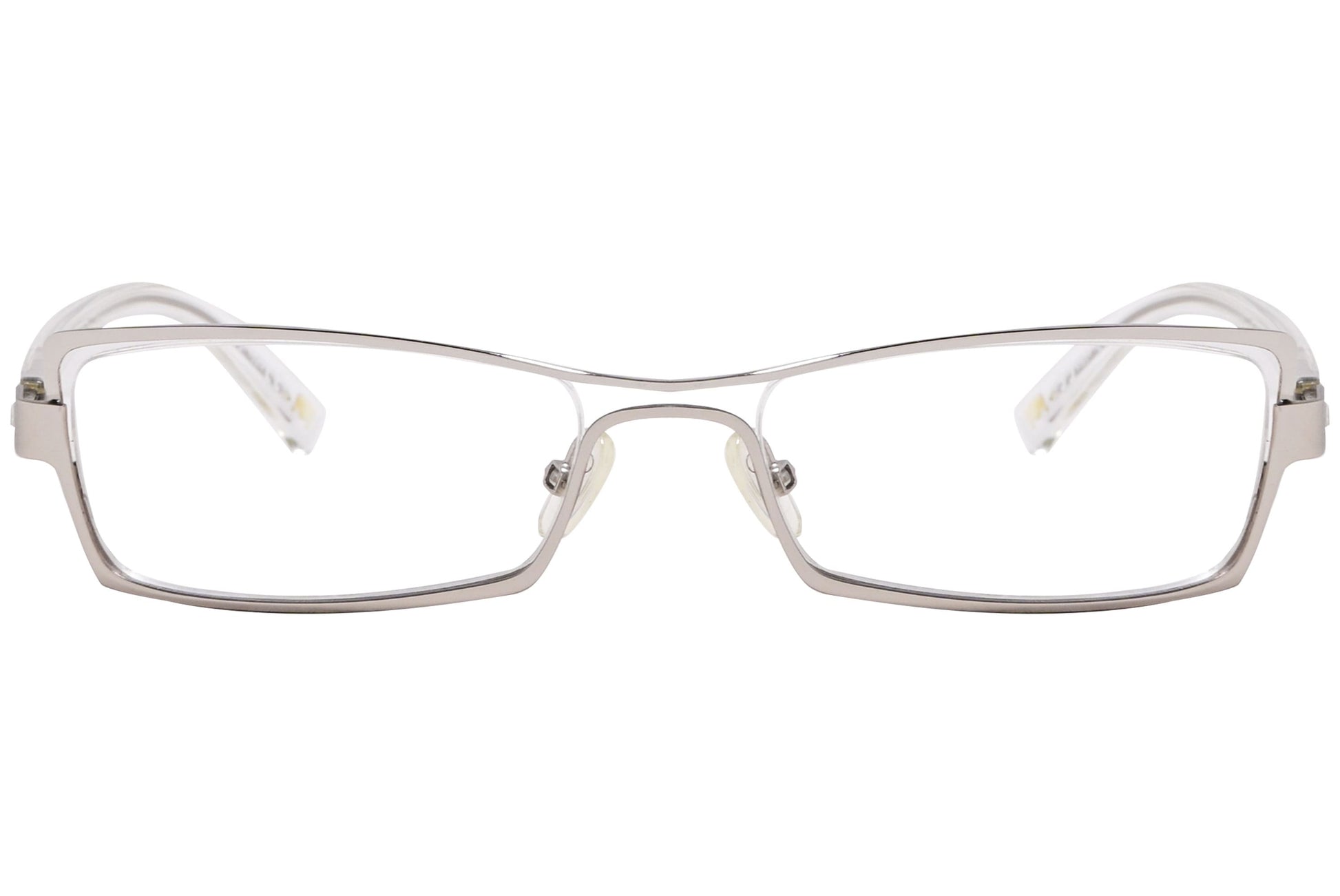 max mara rectangle silver and white eyeglasses frame viewed from front angle.