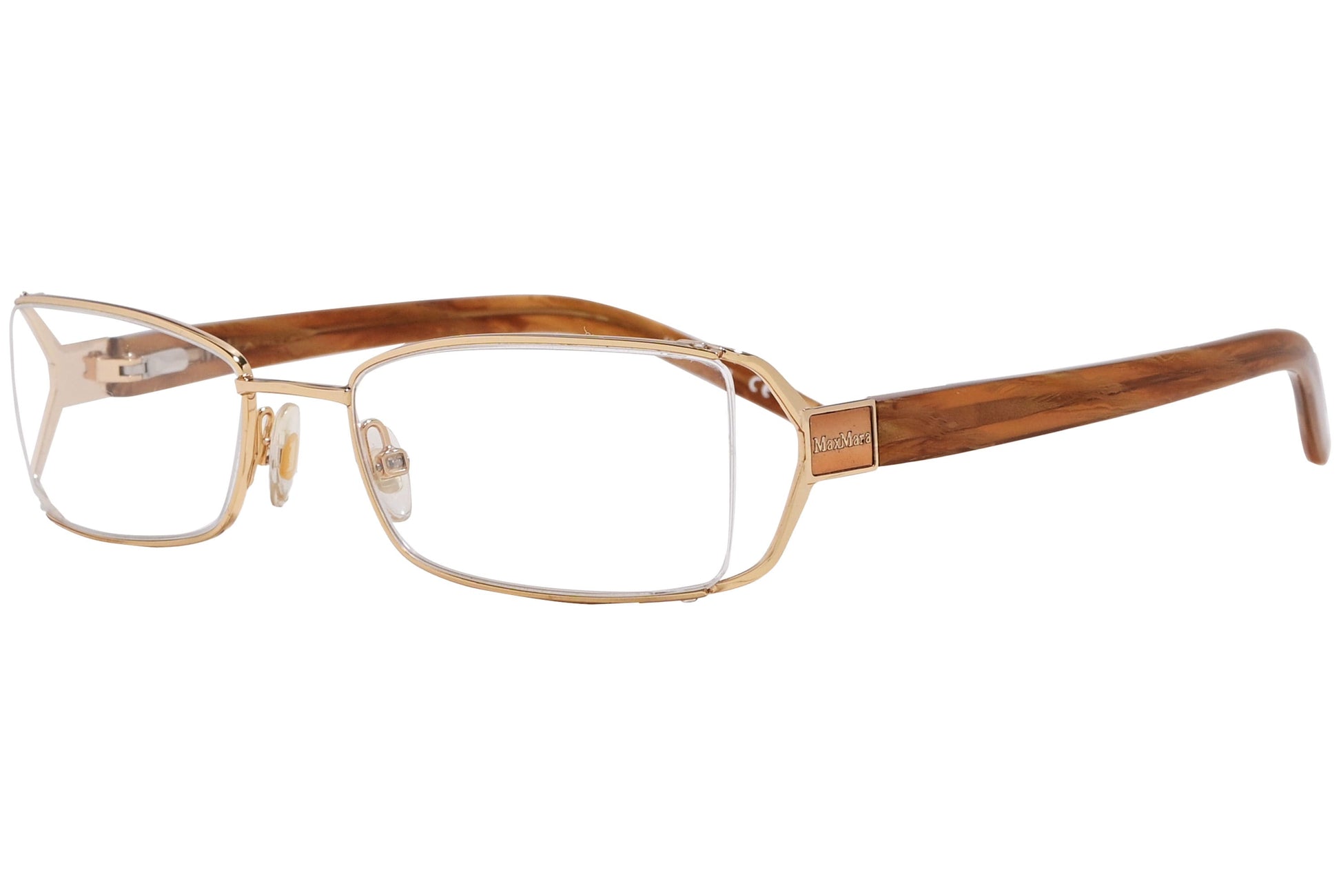 max mara rectangle gold and brown eyeglasses frame viewed from a 45-degree angle.