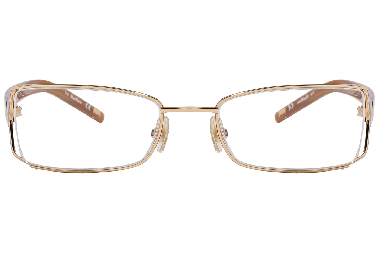 max mara rectangle gold and brown eyeglasses frame viewed from front angle.