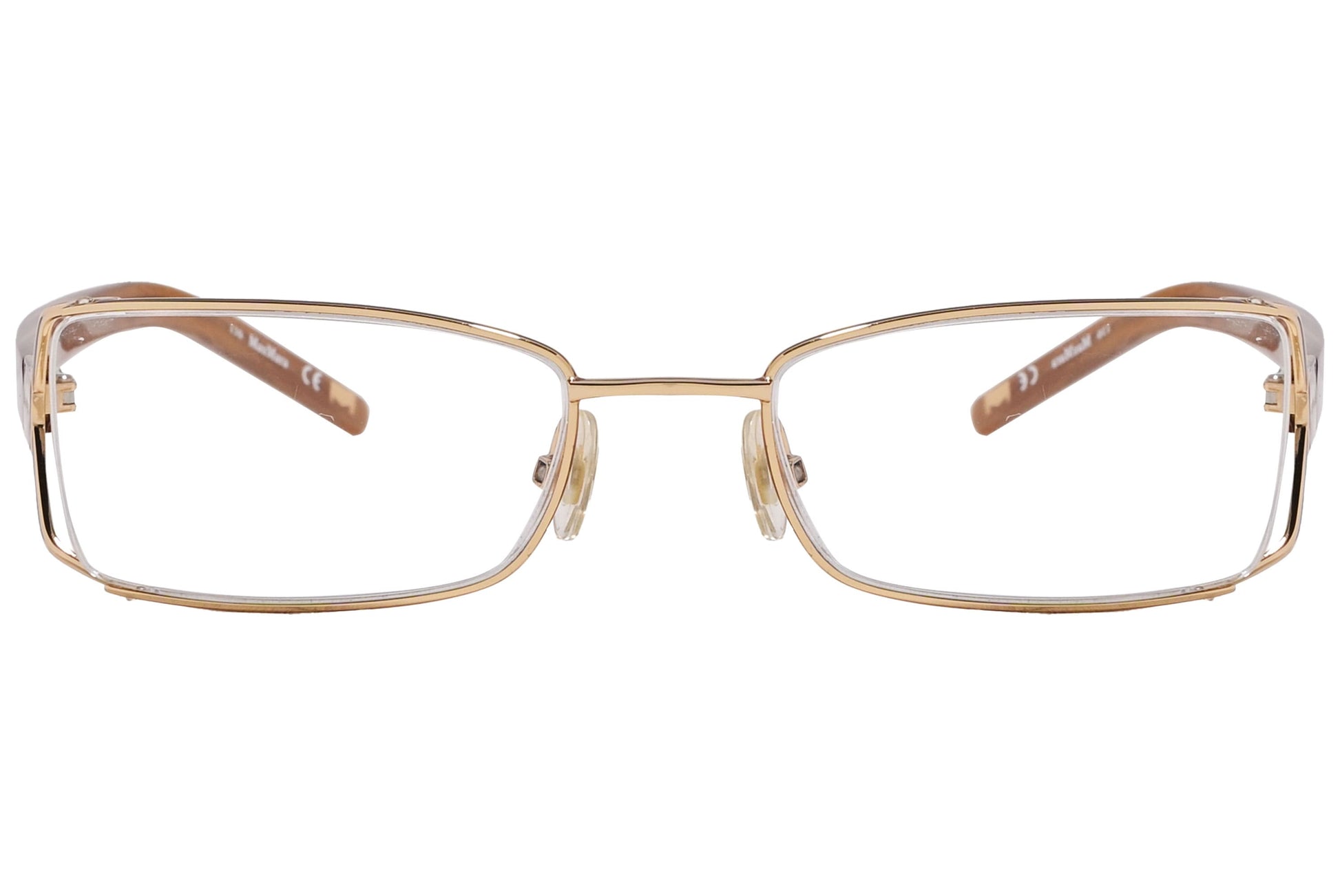 max mara rectangle gold and brown eyeglasses frame viewed from front angle.