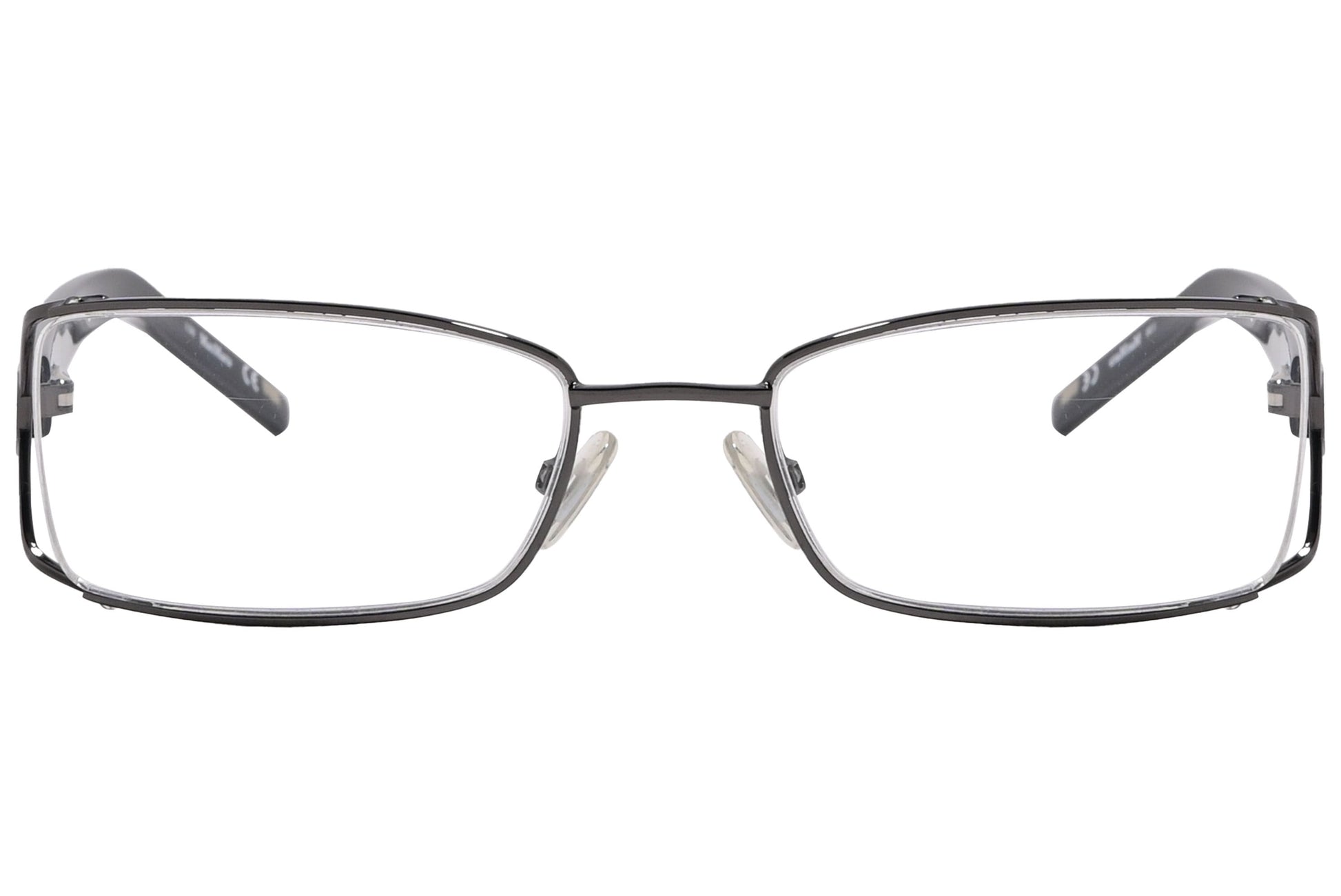 max mara rectangle gray and black eyeglasses frame viewed from front angle.