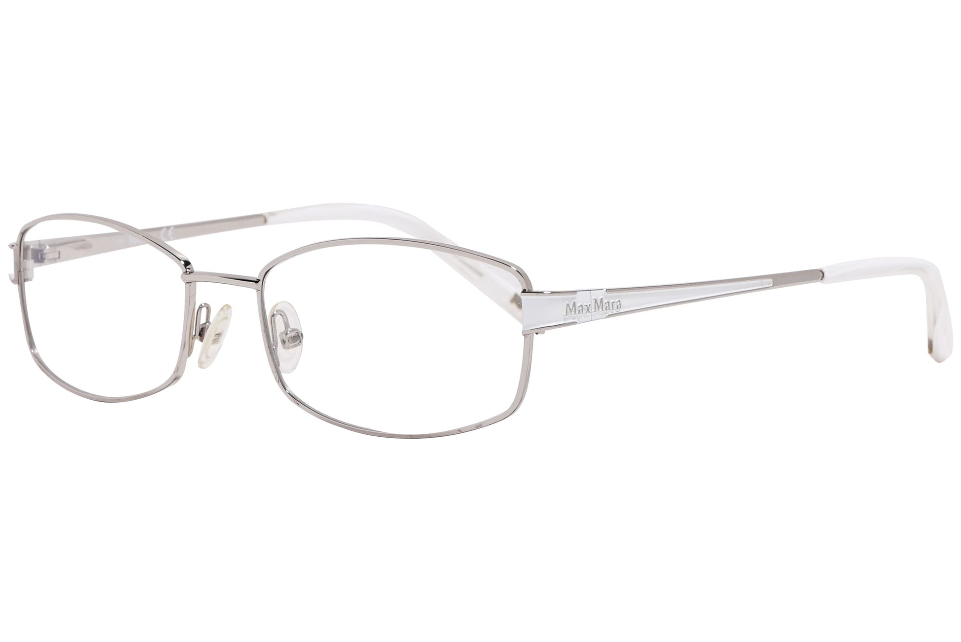 max mara rectangle silver and white eyeglasses frame viewed from a 45-degree angle.