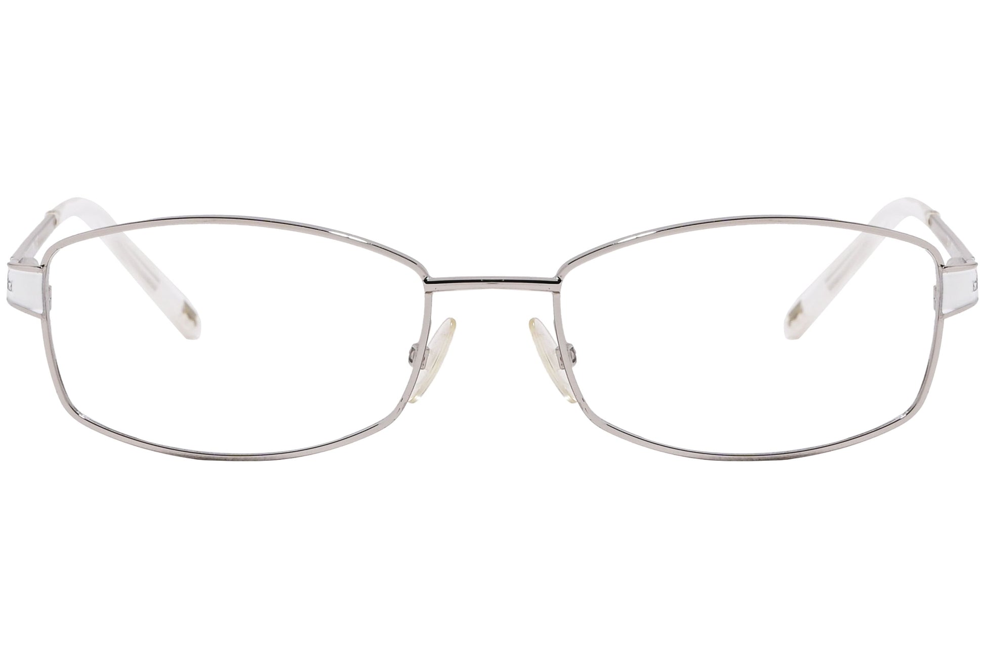 max mara rectangle silver and white eyeglasses frame viewed from front angle.