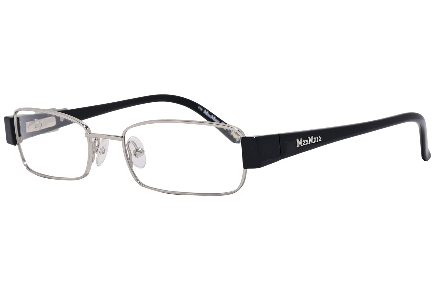 max mara rectangle silver and black eyeglasses frame viewed from a 45-degree angle.