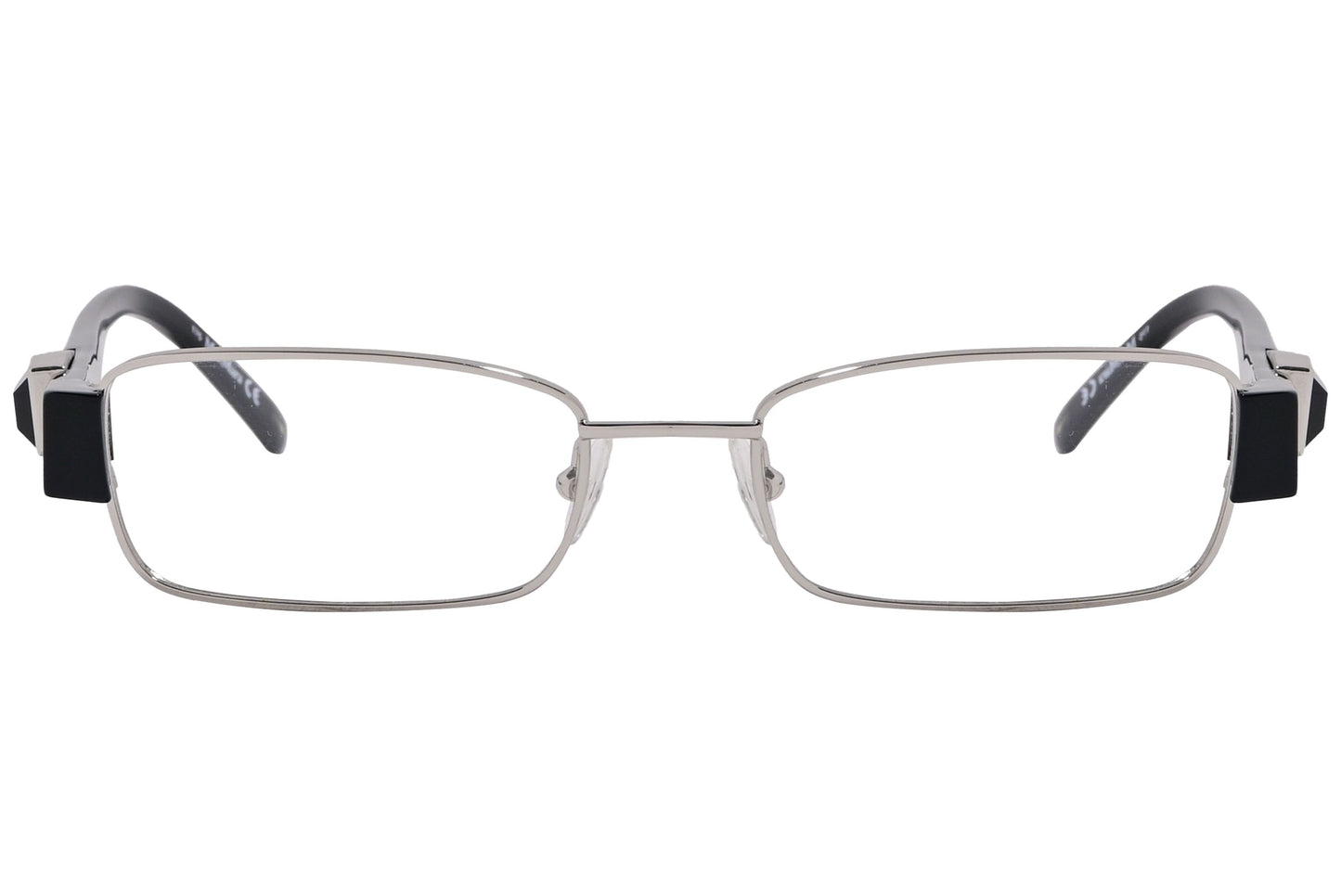 max mara rectangle silver and black eyeglasses frame viewed from front angle.