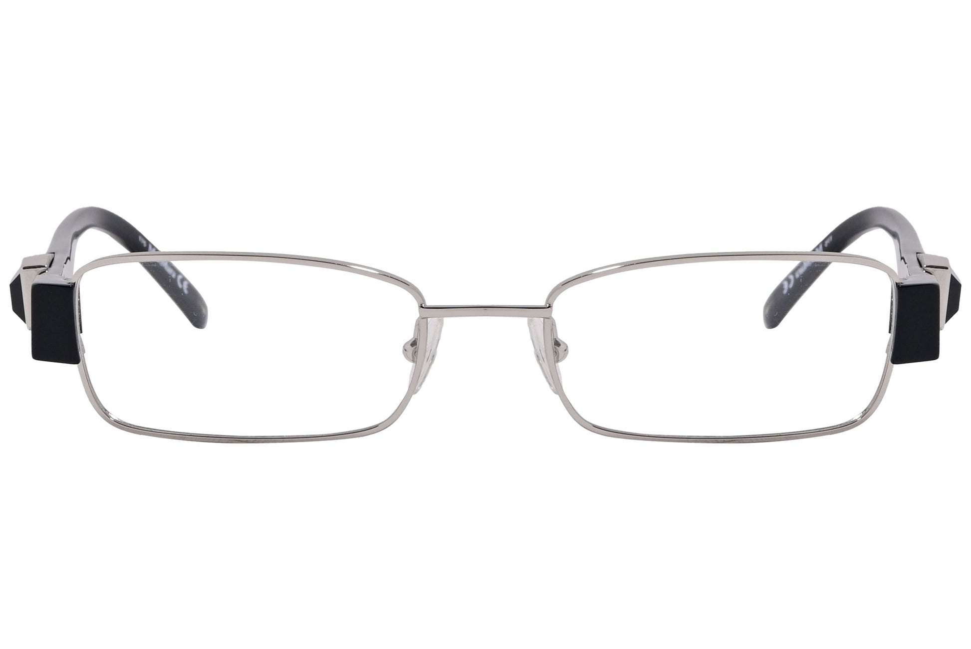 max mara rectangle silver and black eyeglasses frame viewed from front angle.