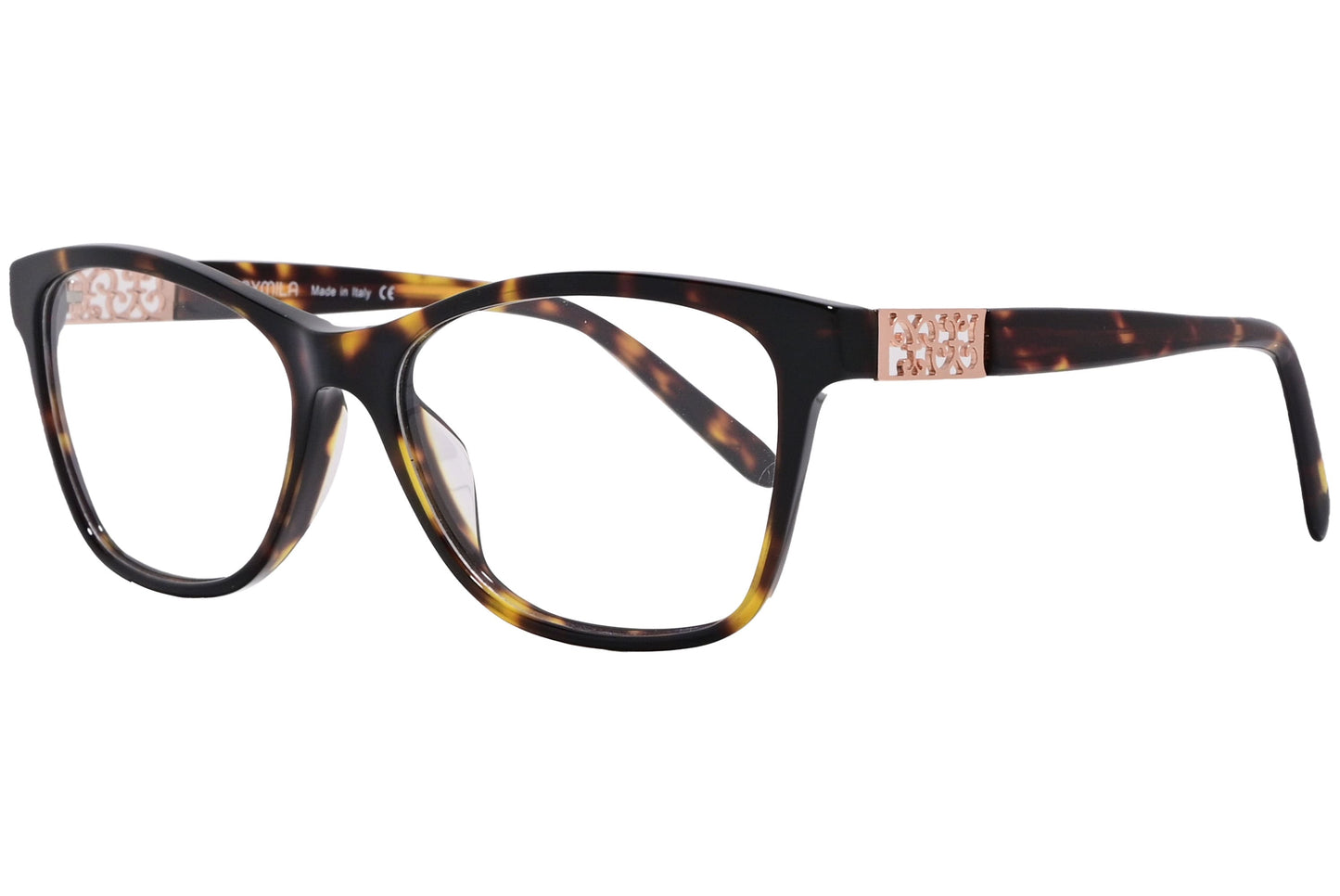 max mila cat-eye tortoise eyeglasses frame viewed from a 45-degree angle.