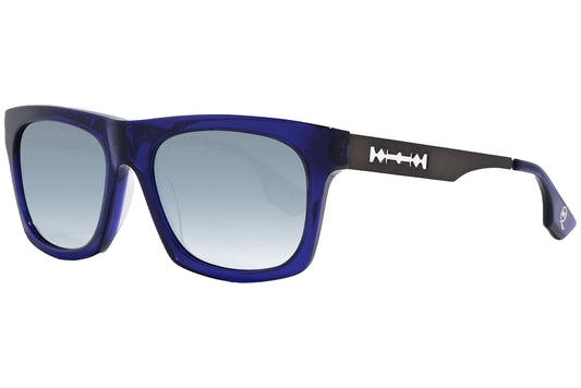 mcqueen oval blue with black eyeglasses frame viewed from a 45-degree angle.