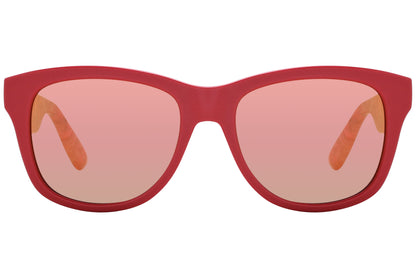 mcqueen oval red with tortoise eyeglasses frame viewed from a 90-degree angle.