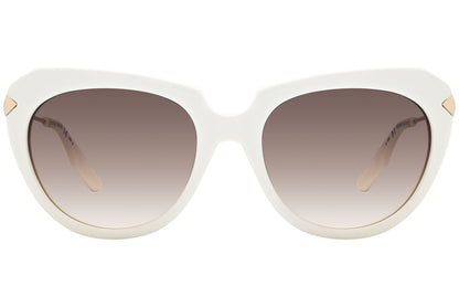 mcqueen oval white with gold eyeglasses frame viewed from a 90-degree angle.