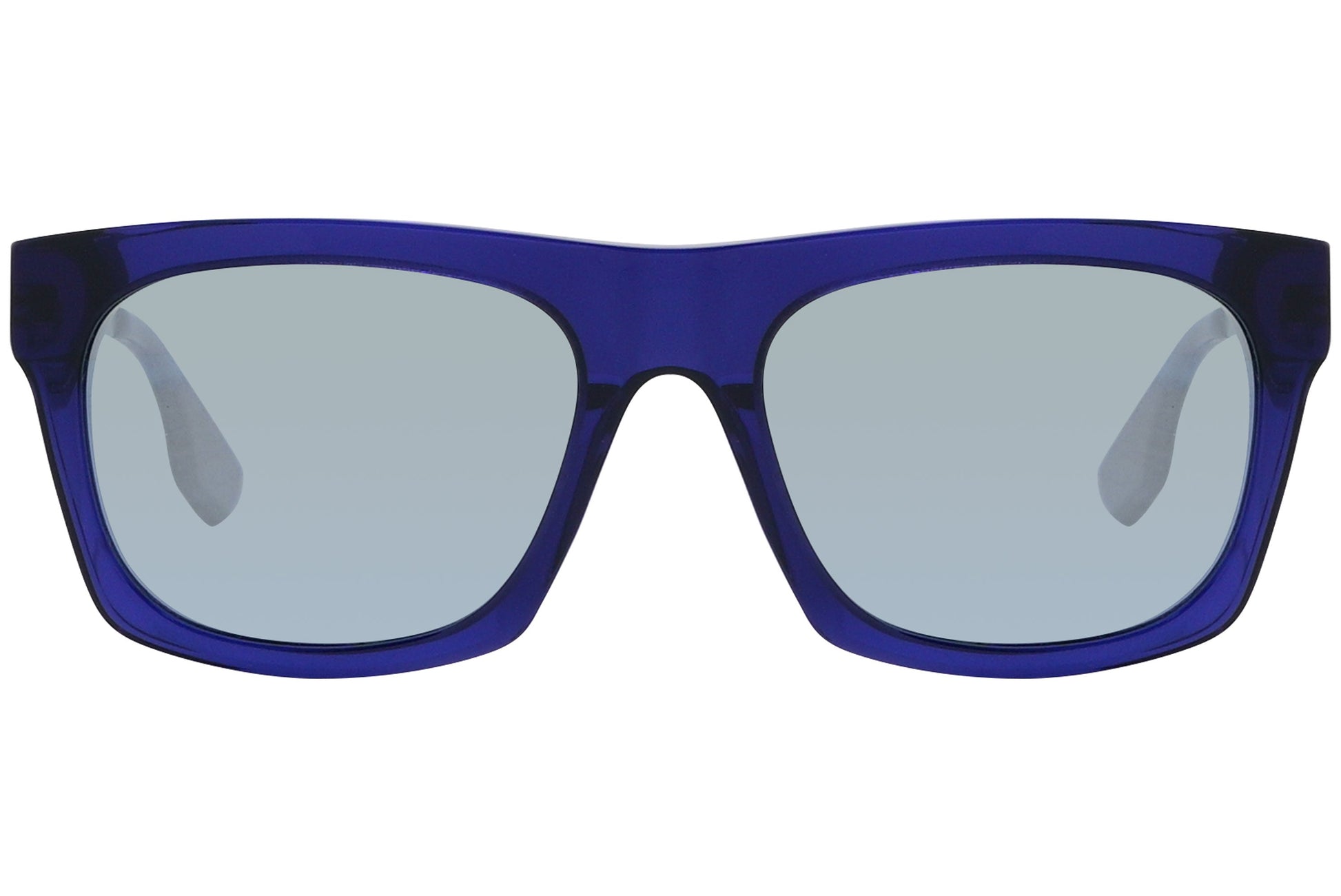 mcqueen oval blue with black eyeglasses frame viewed from a 90-degree angle.