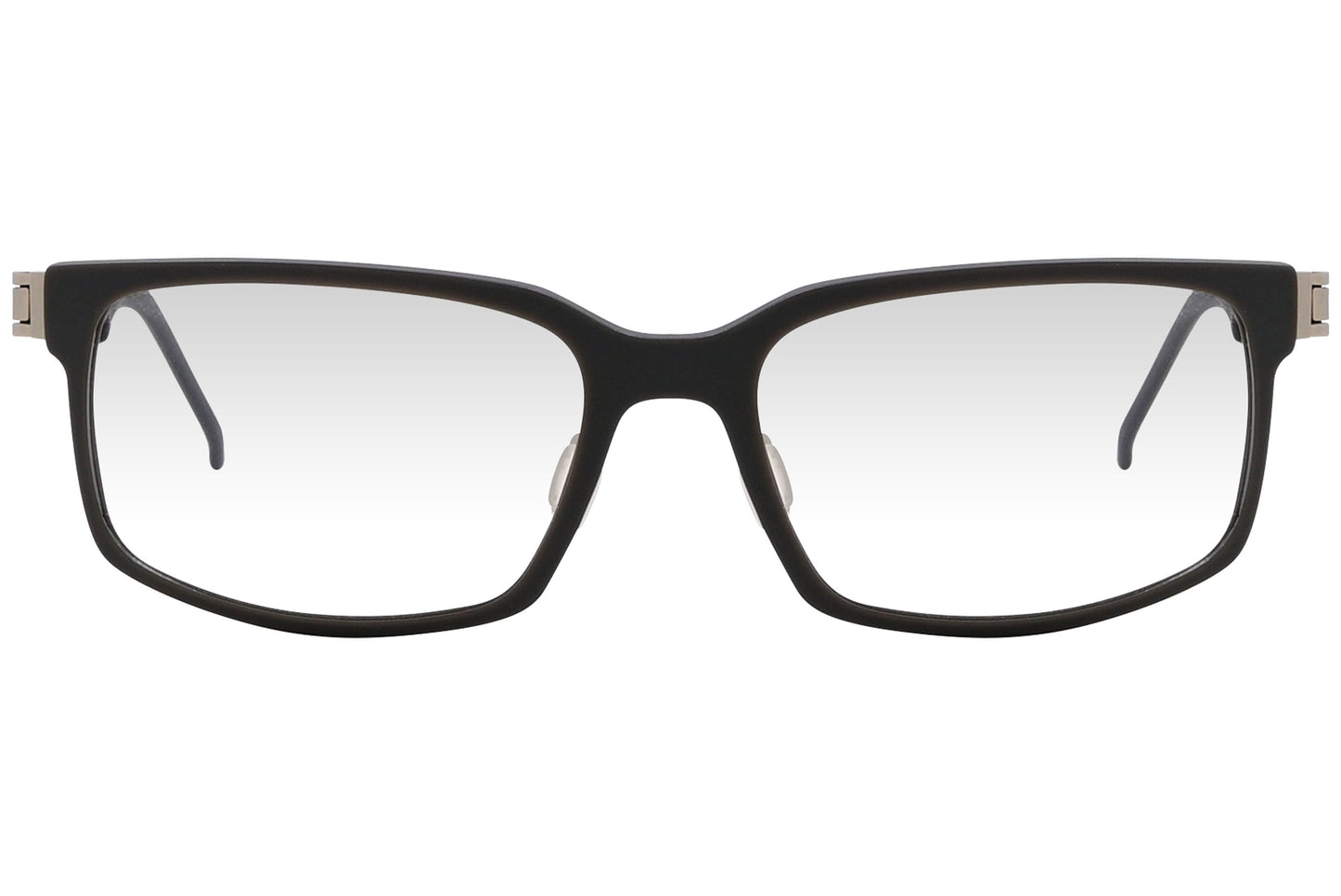 mercedez benz geometric black eyeglasses frame viewed from front angle.