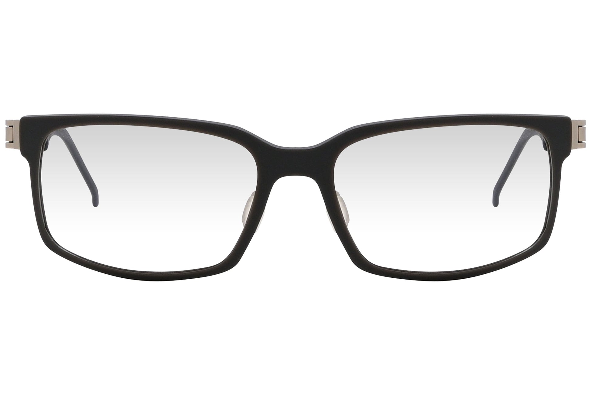 mercedez benz geometric black eyeglasses frame viewed from front angle.