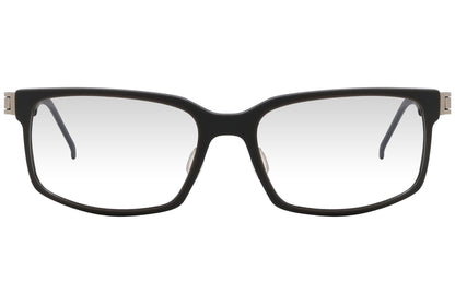 mercedez benz geometric black eyeglasses frame viewed from front angle.