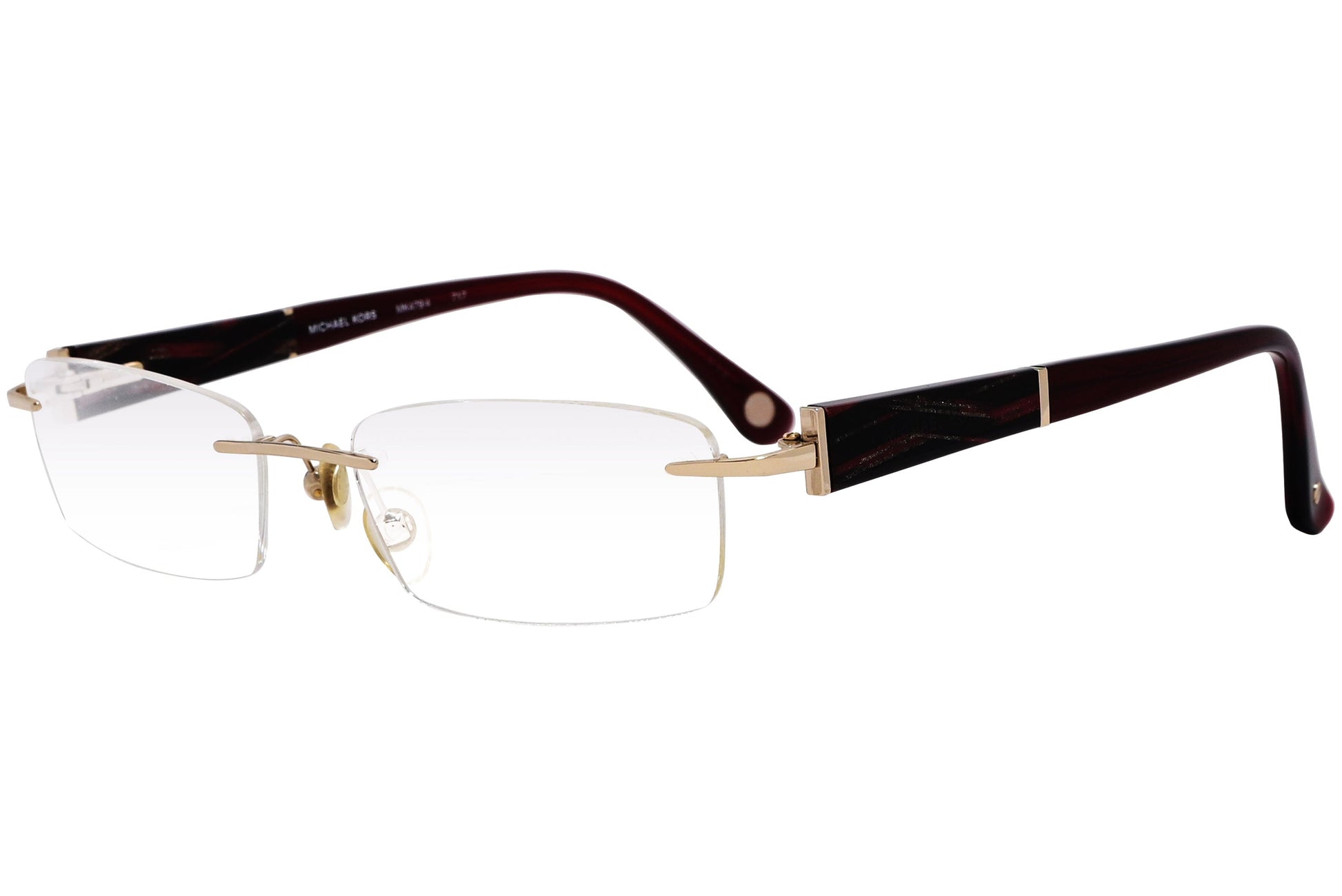 michael kors rimless gold eyeglasses frame viewed from a 45-degree angle.