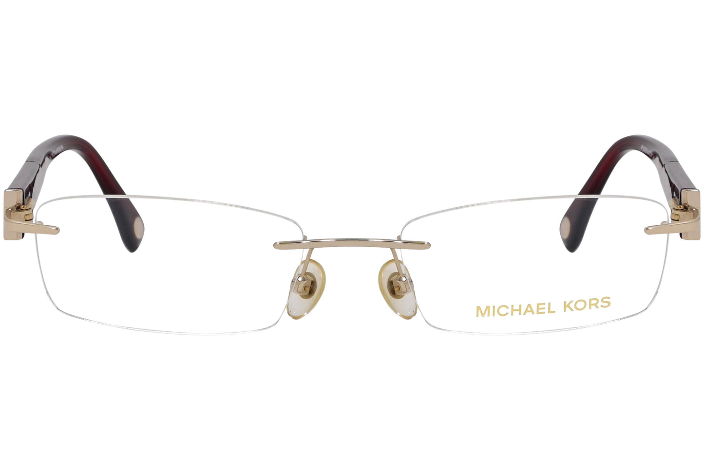 michael kors rimless gold eyeglasses frame viewed from front angle.