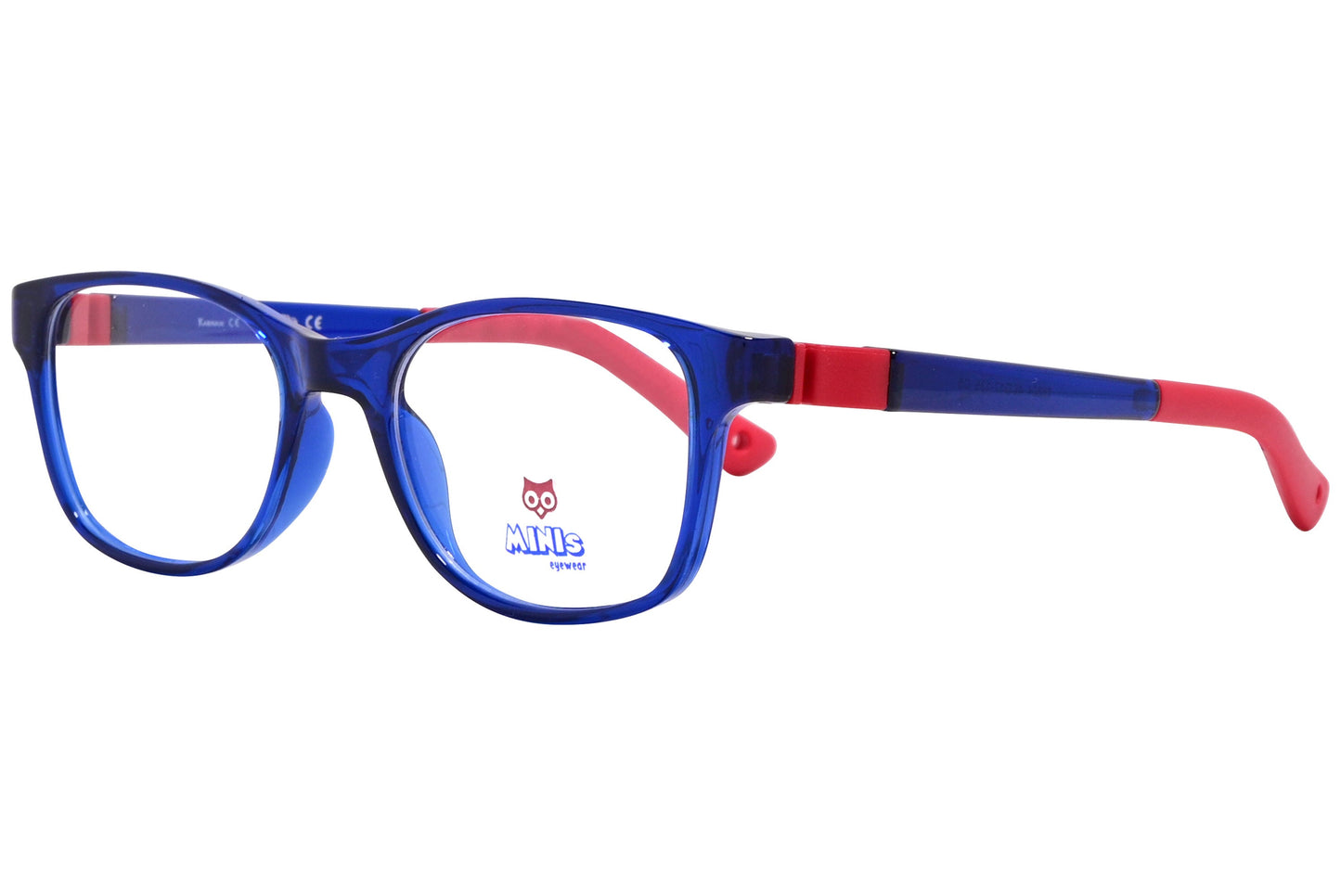 minis eyewear rectangle blue, red unbreakable eyeglasses frame viewed from a 45-degree angle.