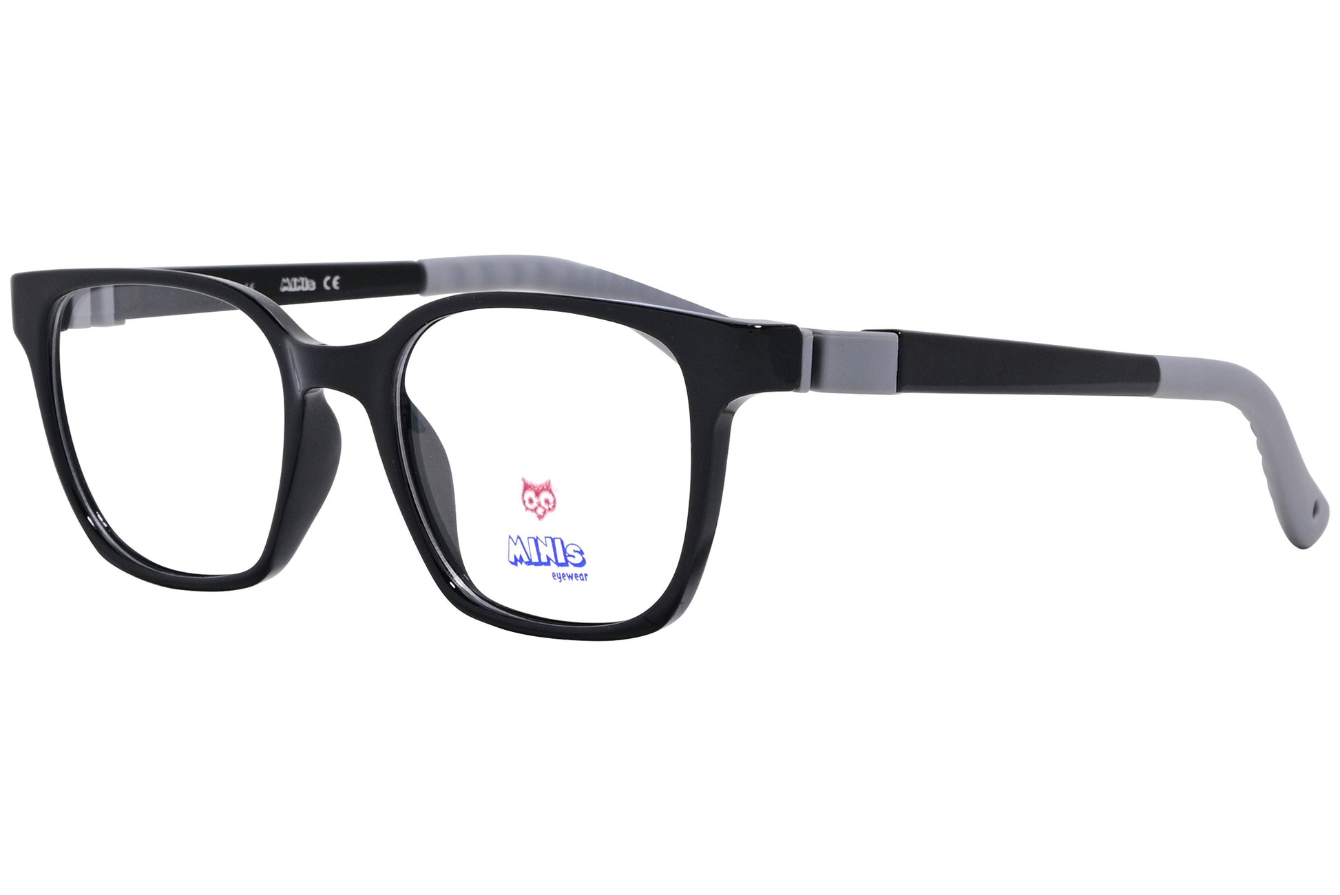 minis eyewear rectangle black, gray unbreakable eyeglasses frame viewed from a 45-degree angle.