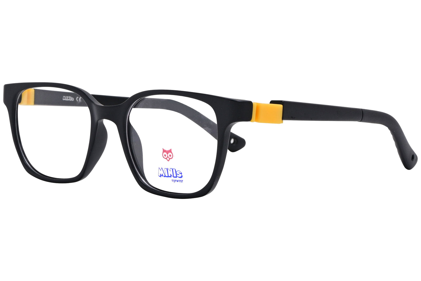 minis eyewear rectangle black, yellow unbreakable eyeglasses frame viewed from a 45-degree angle.