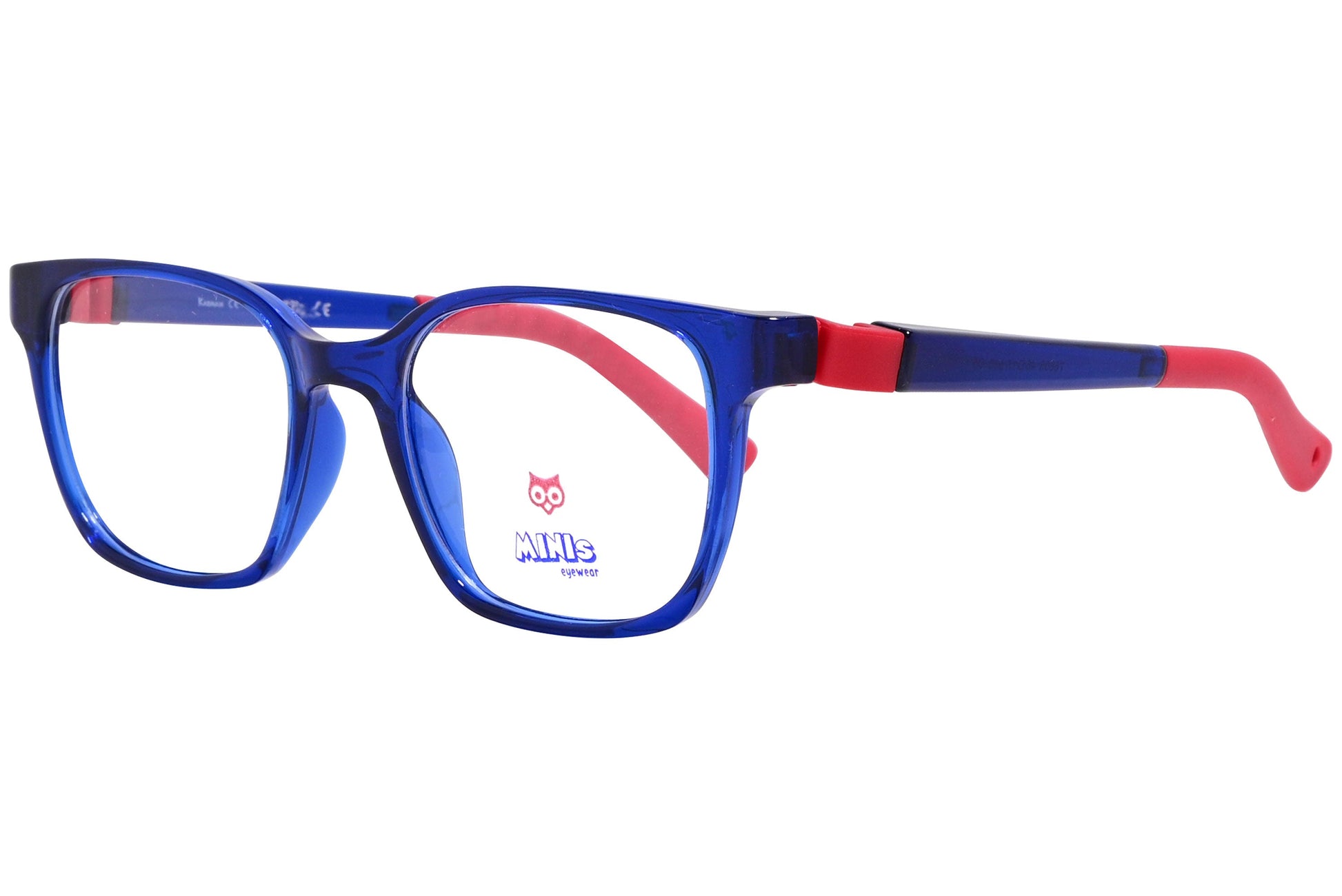 minis eyewear rectangle blue, red unbreakable eyeglasses frame viewed from a 45-degree angle.