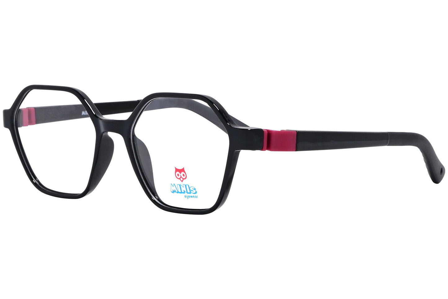 minis eyewear hexagonal black, red unbreakable eyeglasses frame viewed from a 45-degree angle.