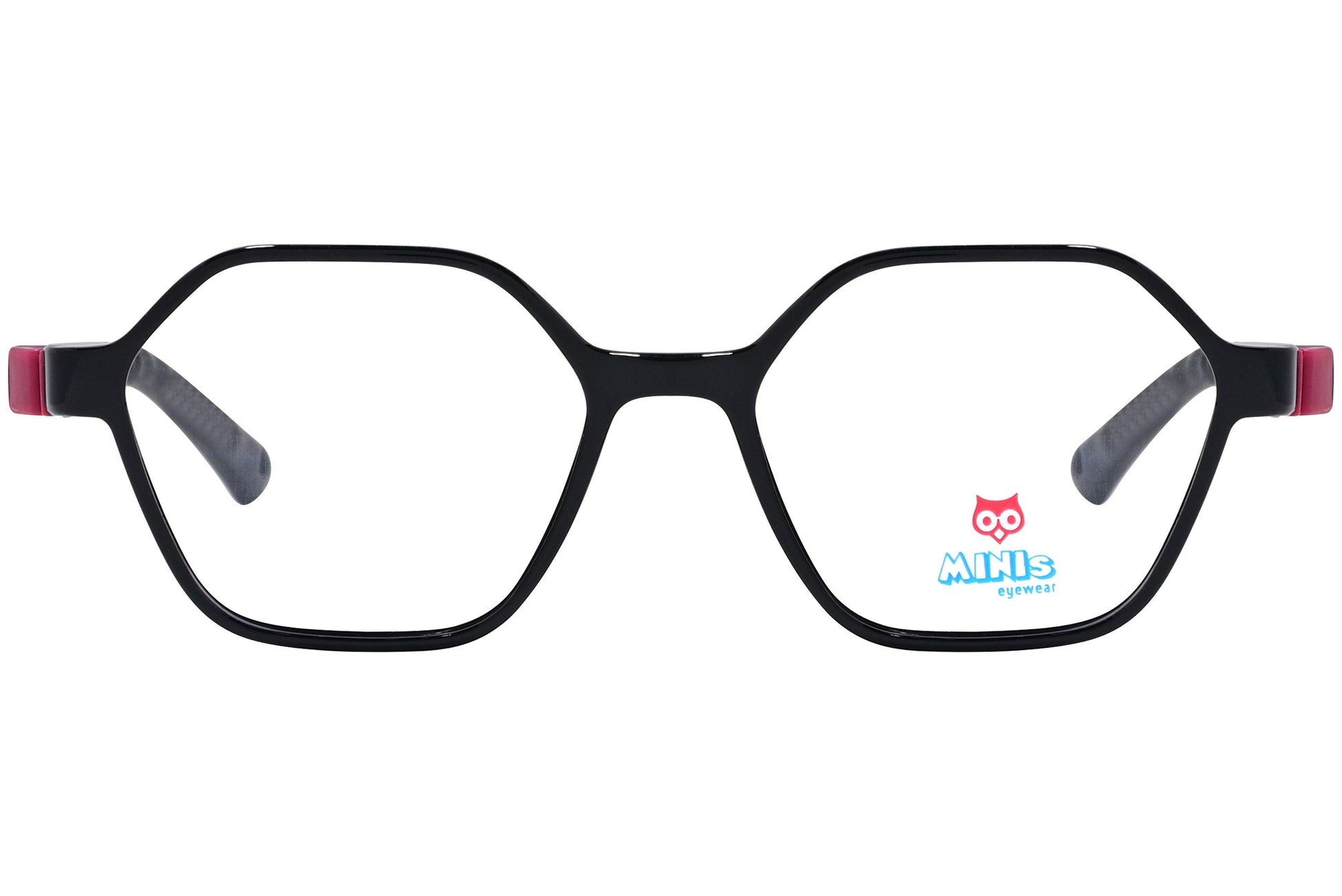 minis eyewear hexagonal black, red unbreakable eyeglasses frame viewed from Front angle.