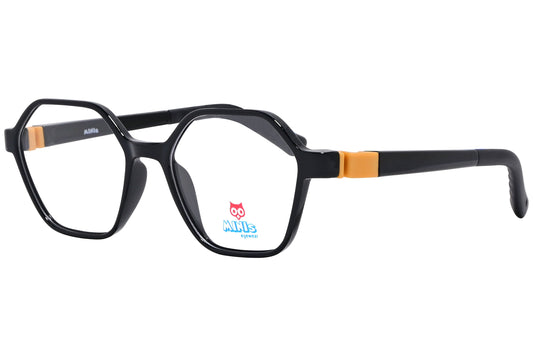 minis eyewear hexagonal black, yellow unbreakable eyeglasses frame viewed from a 45-degree angle.